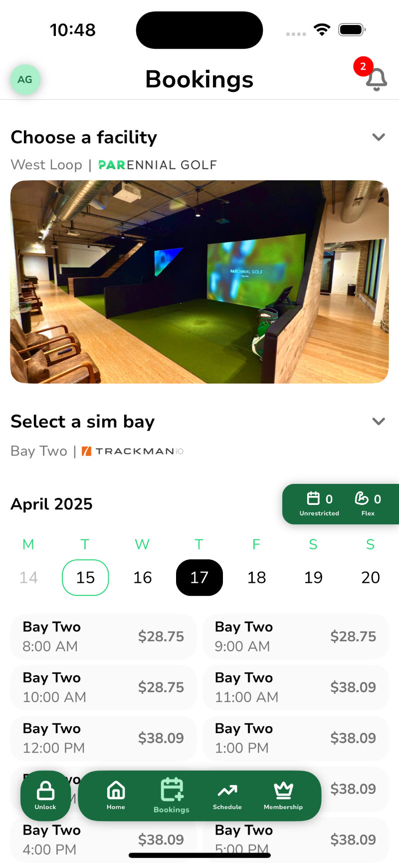 PARennial Golf mobile app booking interface showing tee time availability
