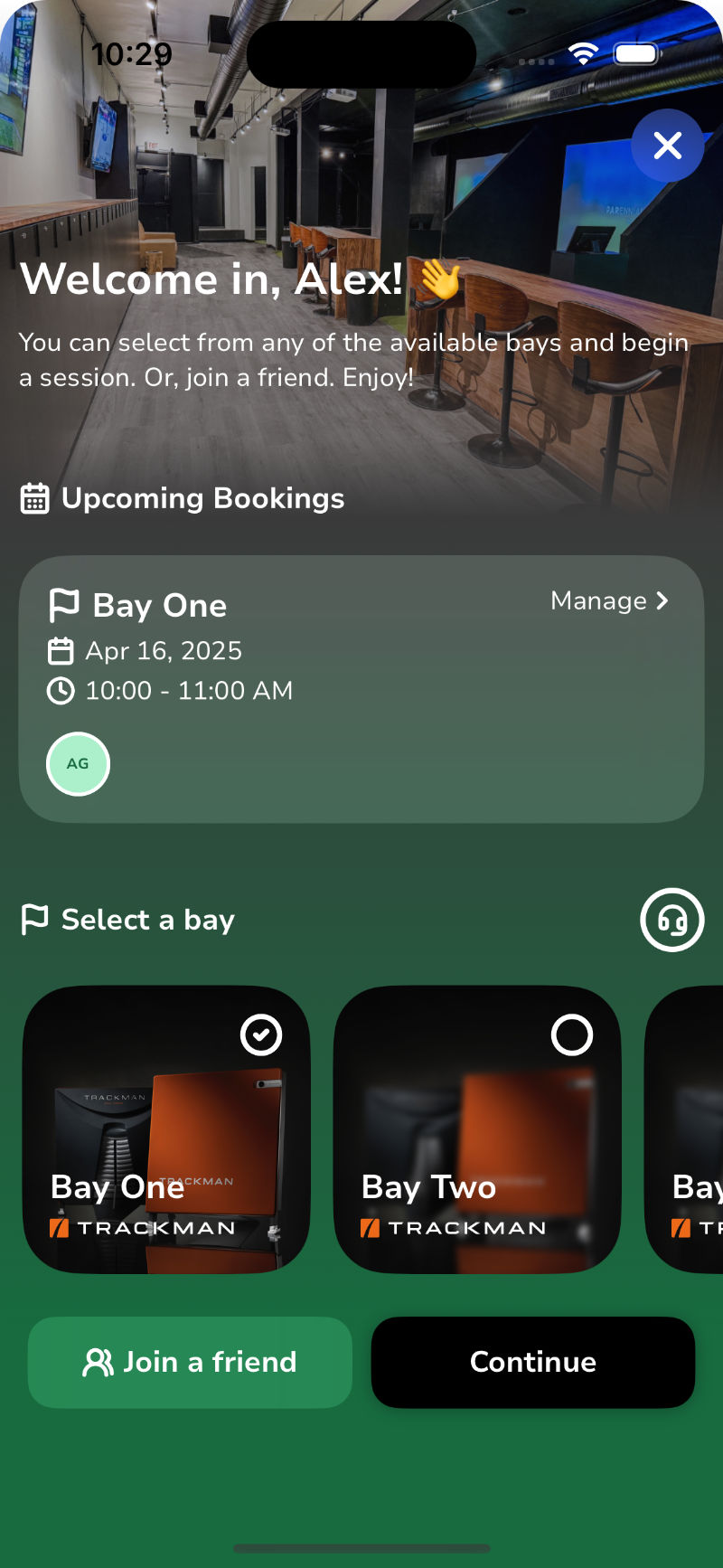 Simulator bay selection screen showing available options for golfers
